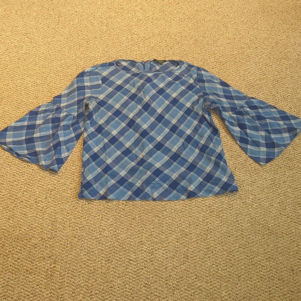 Lauren Ralph Lauren Tunic Blouse 1X Blue White Plaid Bell Sleeve Gauzy Flowy